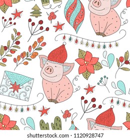 Doodle Christmas pig. Christmas vector seamless pattern with detailed holiday illustrations.Cute illustrations with cartoon pigs, poinsettia flowers and greeting envelopes on a white background.