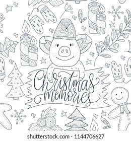 Doodle Christmas pig. Christmas vector seamless pattern with detailed holiday illustrations.Cute outline illustrations with cartoon pigs, candles and Christmas trees.