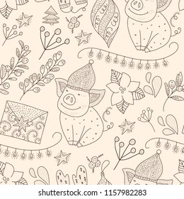 Doodle Christmas pig. Christmas vector seamless pattern with detailed holiday illustrations. Outline illustrations with cartoon pigs, poinsettia flowers and greeting envelopes.
