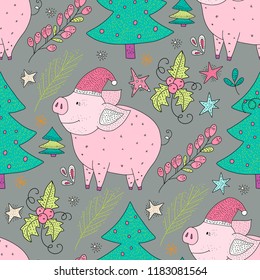 Doodle Christmas pig. Christmas vector seamless pattern with detailed holiday illustrations.Cute illustrations with cartoon pigs and Christmas trees.