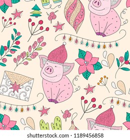 Doodle Christmas pig. Christmas vector seamless pattern with detailed holiday illustrations.Cute illustrations with cartoon pigs.