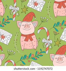 Doodle Christmas pig. Christmas vector seamless pattern with detailed holiday illustrations.Cute illustrations with cartoon pigs and other decorations.