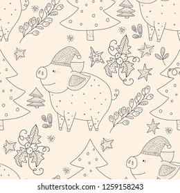 Doodle Christmas pig. Christmas vector seamless pattern with detailed holiday illustrations.Cute outline illustrations with cartoon pigs and Christmas trees.