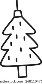Un doodle de un juguete de pino de Navidades con líneas simples y detalles mínimos. El boceto representa un adorno estilizado de árbol con un tronco y un bucle colgante. Ilustración vectorial de dibujos animados.