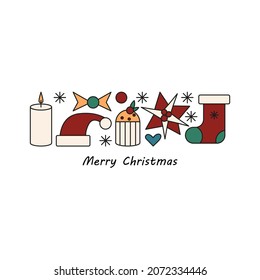 doodle christmas poster with lettering and colored elements, candle, candy, cake, christmas sock, plant, santa hat, poinsettia, heart, snowflakes