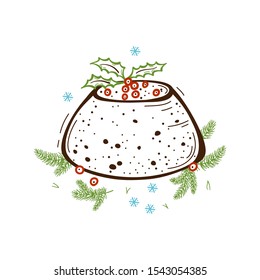 Doodle Christmas Pudding Icon with Holly Leaves and Berries, Christmas Tree Branches, Snowflakes. Winter Traditional Holiday Food Plum Pudding Vector Card. Xmas and New Year Design