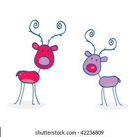 Doodle christmas reindeers isolated on white. Red and purple nosed reindeers. Vector cartoon illustration.