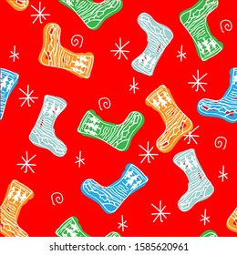 Doodle Christmas seamless pattern. 
Colored knitted socks.