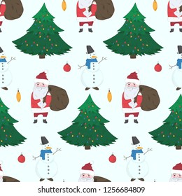 Doodle Christmas seamless pattern with cute hand drawn Snowmen, Santa Claus with gifts and fir trees. Winter texture with holiday balls for textile, wrapping paper, wallpaper, new year decor