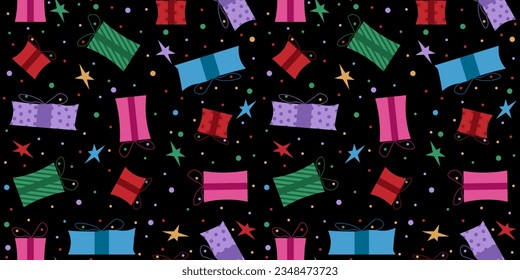 Doodle Christmas seamless pattern with gift box. Design of Christmas wrapping paper. Cute Christmas presents. Vector illustration.