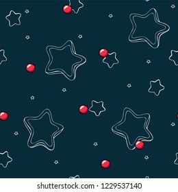 Las navidades de Doodle son un patrón sin fisuras. Estrellas dibujadas a mano y bayas sobre fondo verde. Perfecto para la tela y el envoltorio.