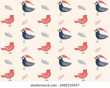 Doodle Christmas Seamless Pattern for Hand drawn Bird. Winter holiday Wallpaper backdrop. Xmas retro white and red color present wrapping print design. Vector