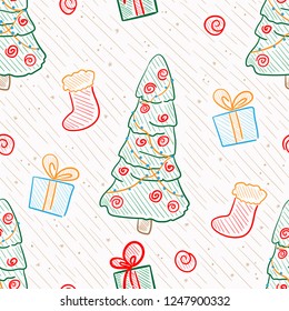 Doodle Christmas Seamless Pattern (Simple Holiday Background). Wrapping Paper Design