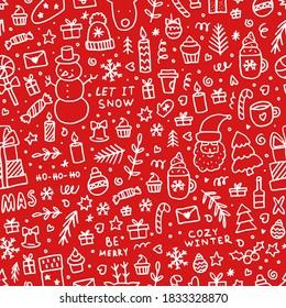 Patrón ininterrumpido de la Navidad Doodle. Elementos de línea blanca invernal para tarjetas de felicitación, afiches, pegatinas y diseño estacional sobre fondo rojo.