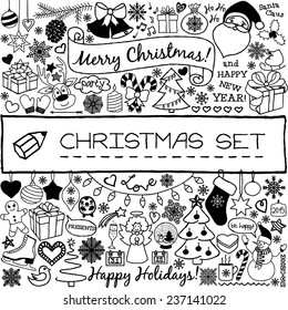 Doodle Christmas season icons and vintage graphic elements. Santa Claus,  reindeer, snow man, cute Christmas decorations, presents, snow flakes, stars etc. Scrapbooking and infographics.