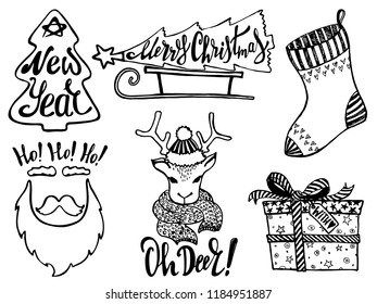 Doodle Christmas Set. Cute hand drawn design elements. Merry Christmas and New Year symbols, lettering. Vector illustration
