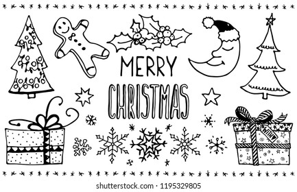 Conjunto de Natal. Bonitos elementos de desenho desenhados à mão. Símbolos de Feliz Natal e Ano Novo, letras. Ilustração vetorial