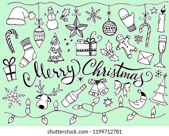 Doodle Christmas Set. Cute hand drawn design elements for you. Merry Christmas and New Year symbols, lettering. Vector illustration