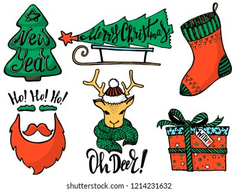 Doodle Christmas Set. Cute hand drawn design elements for you. Merry Christmas and New Year symbols, lettering. Vector illustration