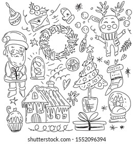 Doodle Christmas set with cute winter elements. Hand drawn New Year vector items. Design for prints, holidays and greeting cards.