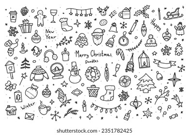 Doodle Christmas set. Hand-drawn New Year symbols. Winter holiday signs. Xmas characters, Christmas trees, decorations, food. Outline Santa, garland cute image, lettering. Vector festive illustration