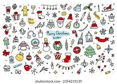 Doodle Christmas set. Hand-drawn New Year symbols. Winter holiday signs. Xmas characters, Christmas trees, decorations, food. Color Santa, garland cute image, lettering. Vector festive illustration