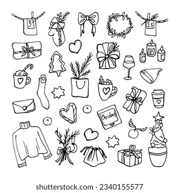 Doodle Christmas set.  New Year's collection of elements. Hand drawn illustration of Christmas. Line art