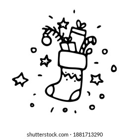 Doodle Christmas sock with gifts. Hand-drawn holiday presents, candy, box, branch, boot isolated on white background. Happy New Year, Merry Christmas symbol. Vector cute winter festive illustration