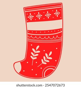 Doodle christmas sock.Decorative Swedish element for Christmas, New Year design. Hand-drawn vector illustration isolated on beige background. Vector illustration EPS10