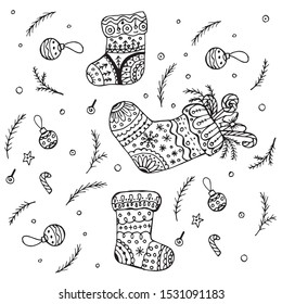 Doodle Christmas socks with pattern and spruce branches and toys and black outline on white background