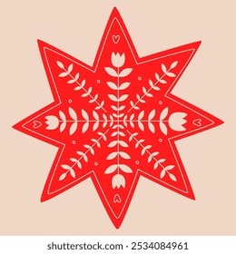 Doodle Christmas star.Decorative Swedish element for Christmas, New Year design. Hand-drawn vector illustration isolated on beige background. Vector illustration EPS10