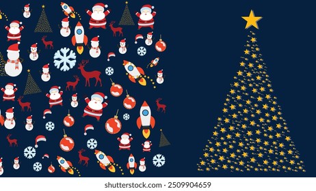 Doodle do tema de Natal contai boneco de neve, santaclause, veado, árvores, neve adequado para decoração feriado de Natal