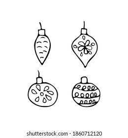 Doodle christmas tree balls illustration collection. Hand drawn christmas tree balls icons set. Doodle christmas tree toys icon collection