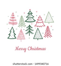 Doodle christmas tree card. Doodle fir-trees snow season concept. Vector winter holiday background