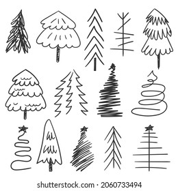 Colección de árboles de navidad con doodle. Elementos dibujados a mano en vacaciones de invierno. Ilustración del vector
