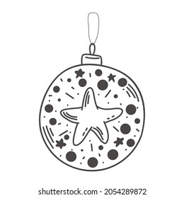 doodle Christmas tree decorations isolated on white background vector illustration. Winter Holidays Celebration.black white. hand drawing Balls, star, decor.