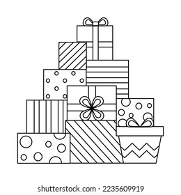 Doodle Christmas tree from gift boxes line art.