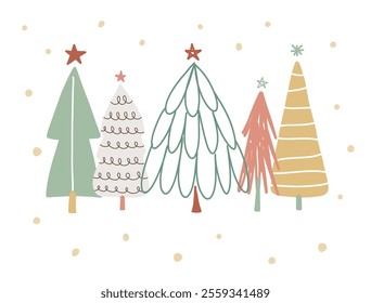Doodle Christmas tree illustration. Christmas card with hand drawn minimal trees. Festive greeting card.