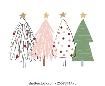 Doodle Christmas tree illustration. Christmas card with hand drawn minimal trees. Festive greeting card.