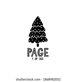 Doodle Christmas tree illustration. Holidays lettering inscription. hand drawn Merry Christmas and Happy New Year card. Black and white.