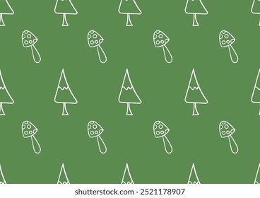 Doodle Christmas tree and mushroom with seamless patterns on a green background. For cards, frames, posters, book covers, textiles, wallpaper, wrapping and fabric. 