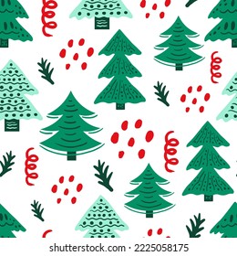 Doodle Christmas tree seamless pattern. Funny hand drawn xmas endless background in Scandinavian cartoon style. Textured evergreen trees on white
