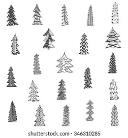 Doodle Christmas Tree Set on white Background. Vector Illustration