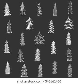 Doodle Christmas Tree Set on black Background. Vector Illustration