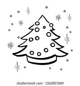Doodle christmas tree. Simple hand drawn decorated christmas tree. Vector illustration. Isolated on white.