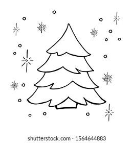 Doodle christmas tree. Simple hand drawn decorated christmas tree. Vector illustration. Isolated on white.