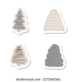 Doodle Christmas tree stickers set. Abstract Chrisstmas eve Evergreen decorative winter holiday forest elements. Hand drawn vector set
