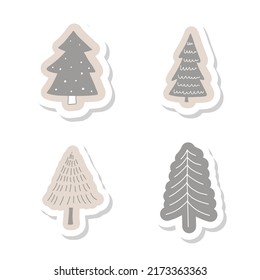 Doodle Christmas tree stickers set. Abstract Chrisstmas eve Evergreen decorative winter holiday forest elements. Hand drawn vector set