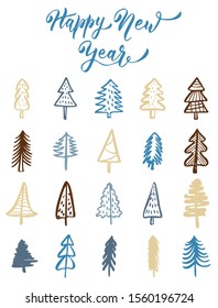 Doodle christmas tree. Xmas trees and happy new year sketch graphic vector isolated set. Winter holiday hand drawn elements.