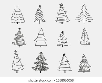 Doodle Christmas Trees. to create holiday cards, backgrounds, ornaments, decoration. Hand drawn Christmas tree happy new year